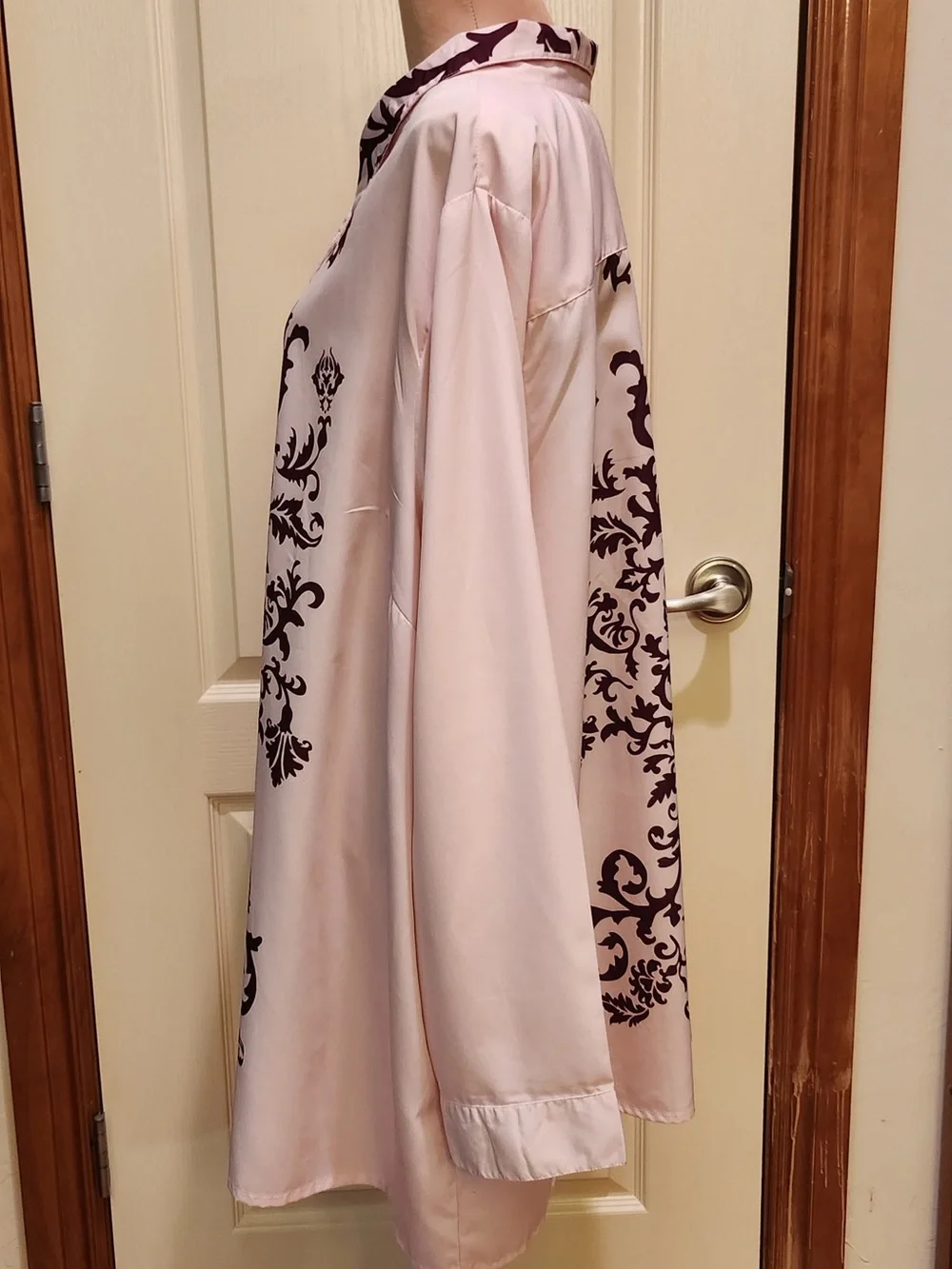 Roamans Light Pink Button-Down Blouse with Burgundy Baroque Print 30W